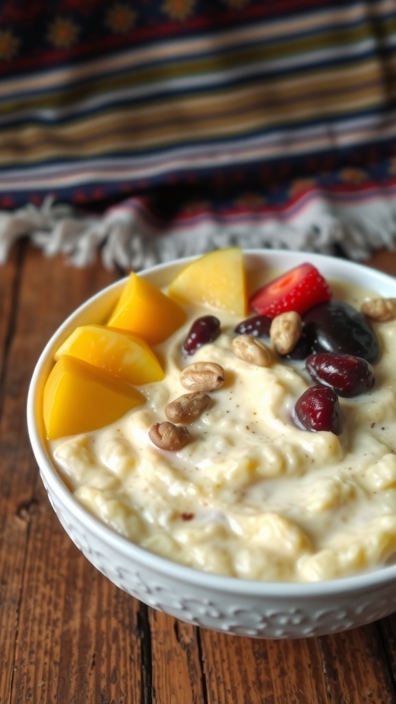 A bowl of mashed kenkey with milk, garnished with fruits and nuts, on a wooden table.